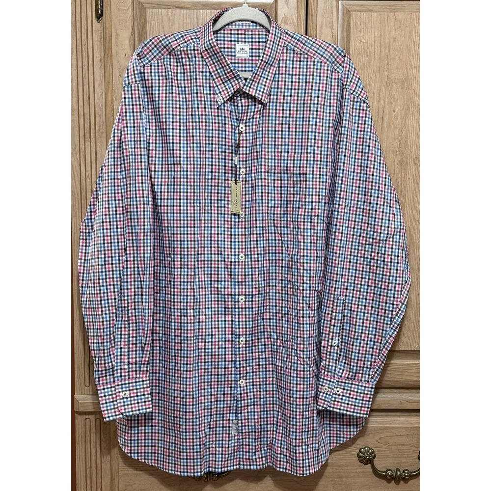 Peter Millar Long Sleeve Button Down Dress Shirt Men's Size XXL Plaid Blue Pink